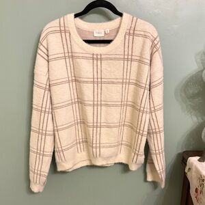 Cyrus Cream and Tan Plaid Crew Neck Sweater